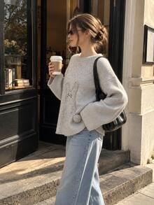 Women's Cozy Knitted Rabbit Graphic Long Sleeve Drop Shoulder Round Neck Sweater, Perfect For Fall And Winter Style - Grey - View 4