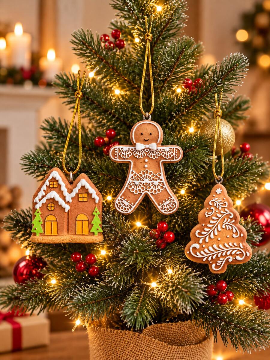 3Pcs Gingerbread Christmas Tree Ornaments Set, Gingerbread Man, Gingerbread House & Christmas Tree Hanging Decorations, Cute Xmas Tree Decor, Holiday Home Party Decorations, Christmas Gifts - Multicolor - View 1