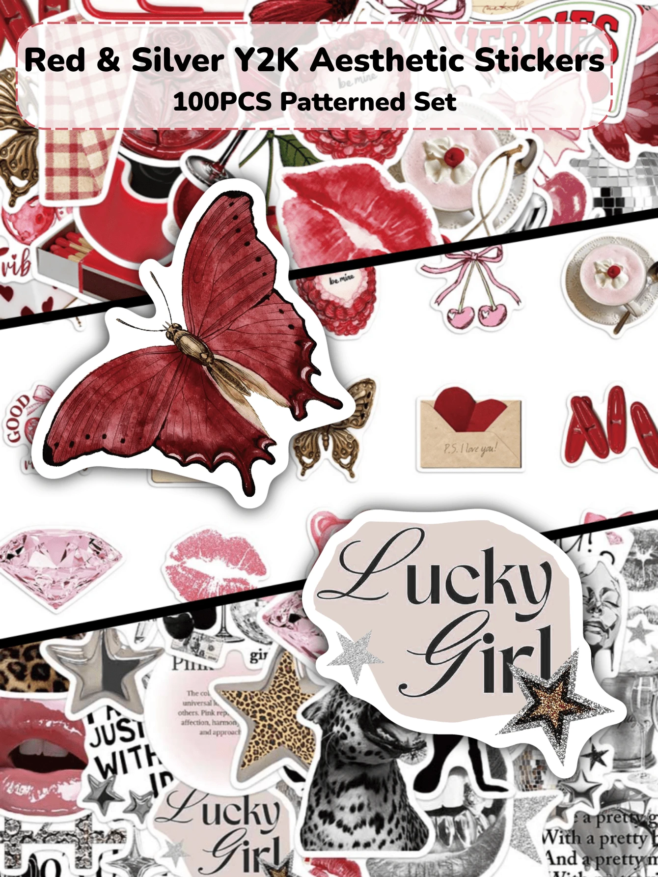 100Pcs Red & Silver Y2K Aesthetic Stickers, Cherry Theme Vintage ...