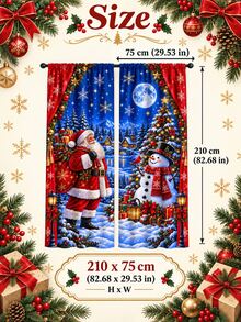 2pcs Christmas Santa & Snowman Window Curtains, Snowy Night Village & Christmas Tree Print Drapes, Holiday Living Room Bedroom Decor, Xmas Window Set - E - View 15