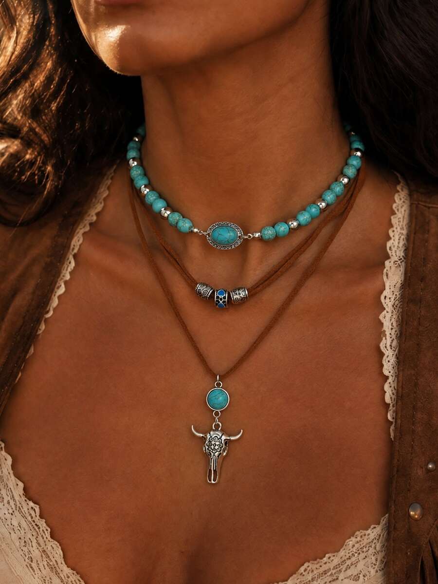2pcs/Set Western Cowboy Style Brown Suede Rope With Bull Head Turquoise Decor Necklace, Fashionable Personalized Women's Neck Jewelry Suitable For Daily Wear, Shopping, Vacation And Party - Multicolor - View 1