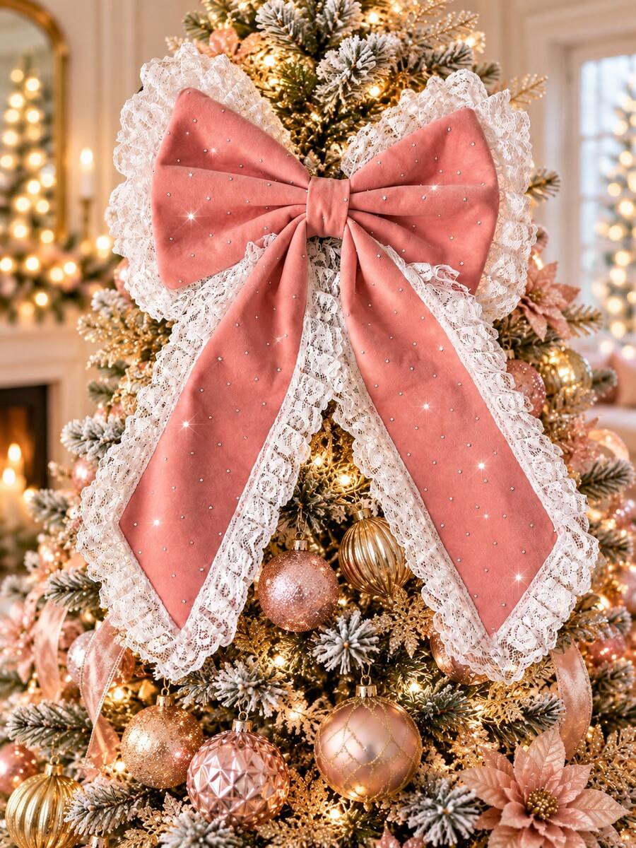 2pcs Pink Rhinestone Lace Bow Hanging Decorations, Large Christmas Tree Bow Decor With White Lace Trim, Holiday Wreath Embellishment, Staircase Garland Ribbon Bow, Gift Box Fireplace Window Holiday Home Party Decor, Winter Indoor Hanging Decoration - Multicolor - View 1