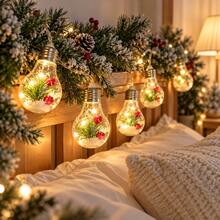 Solar Christmas Fillable Bulb String Lights, Pre-Assembled Mini Xmas Scene With Pine, Red Berries & Snow Inside Vintage Bulbs, Warm LED For Holiday Garland & Bedroom Wall Decor - Christmas Ornament - View 8