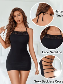 DITZN Women's Sexy Lingerie, Slim Fit Lace Collar Nightgown - Black - View 2