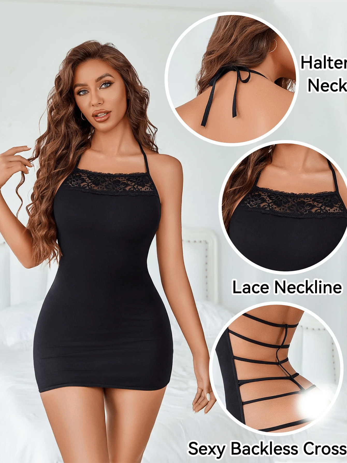 DITZN Women's Sexy Lingerie, Slim Fit Lace Collar Nightgown