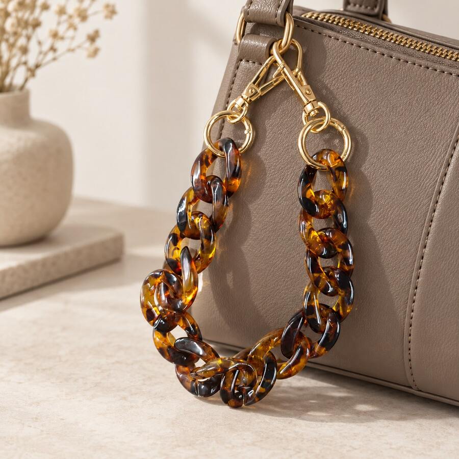1pc Tortoiseshell Chunky Chain Phone Wrist Strap, Retro Acrylic Short Phone Lanyard, Detachable Gold Clasp Phone Charm For Women