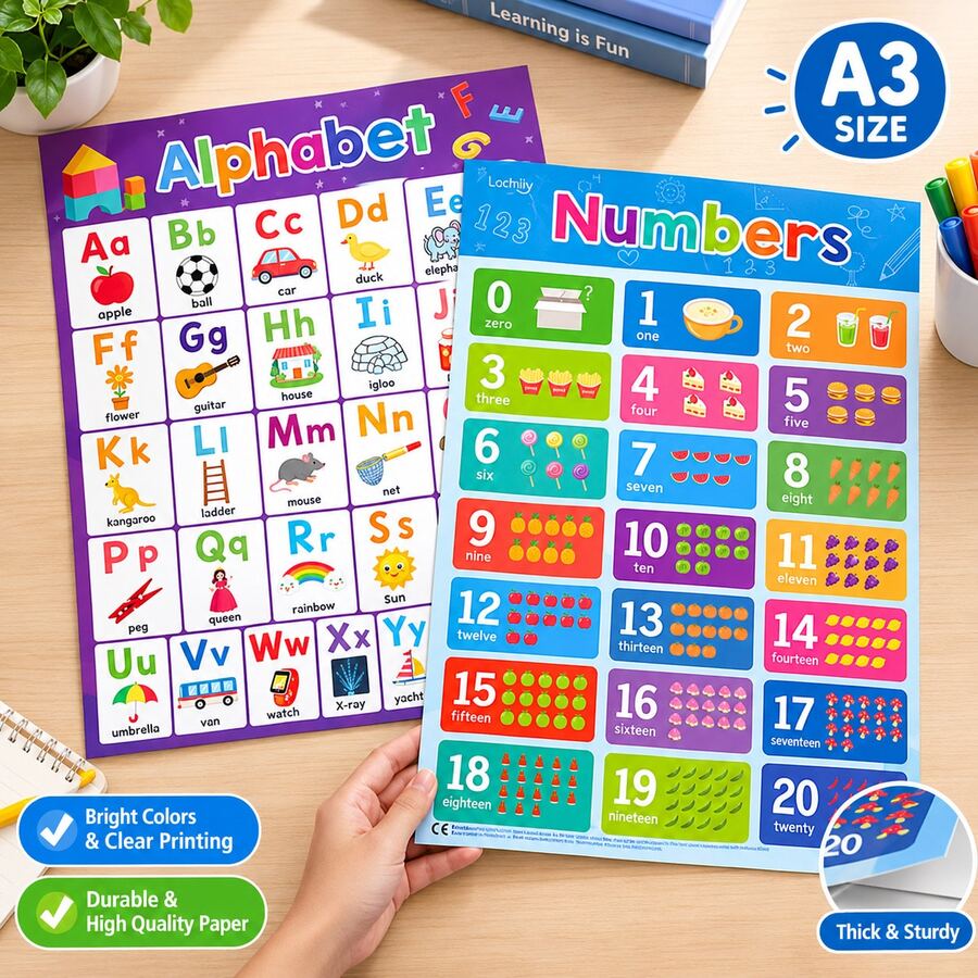 Lachilly ABC Letters & Numbers 0-20 Poster Chart Set, Suitable For Preschool Children, ABC & 123 Poster Set, Teacher Assistant Tool, Wall Art, A3 Large Educational Poster, Essential For Daycare Home School Classroom, Montessori Letter Wall Chart, Learning Toy - Multicolor - View 1