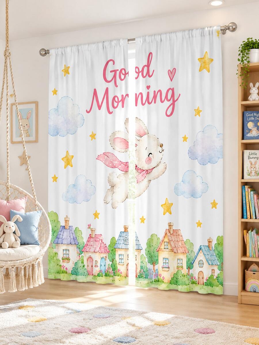 2pcs Healing Fairy Tale Town Rabbit Pattern Printed Semi-Sheer Curtains, 90GSM Polyester Semi-Sheer Privacy Protection, Easy Installation, Quick Drying, Fade-Resistant, Lightweight Removable Washable Curtains, Suitable For Home, Room, Kitchen And Other Partitions Or Decoration - Multicolor - View 1