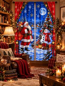 2pcs Christmas Santa & Snowman Window Curtains, Snowy Night Village & Christmas Tree Print Drapes, Holiday Living Room Bedroom Decor, Xmas Window Set - E - View 5