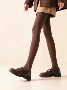 Fleece-Lined Tights For Women, Warm Stretchy Stirrup Pantyhose For Fall And Winter, Everyday Wear - Coffee Brown - View 1