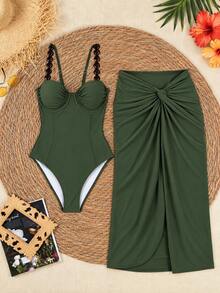 Sexy Style White Spaghetti Strap Two-Piece Swimsuit Women Back Tie Design High Waist Triangle Bikini - Green - View 2