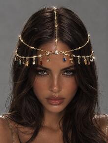 Fashionable Shiny Glamorous Elegant Metal Chain Headpiece Jewelry, Bridal Wedding Party Daily Head Chain Accessory, Tassel Pendant Hair Ornament Gift - Gold - View 1