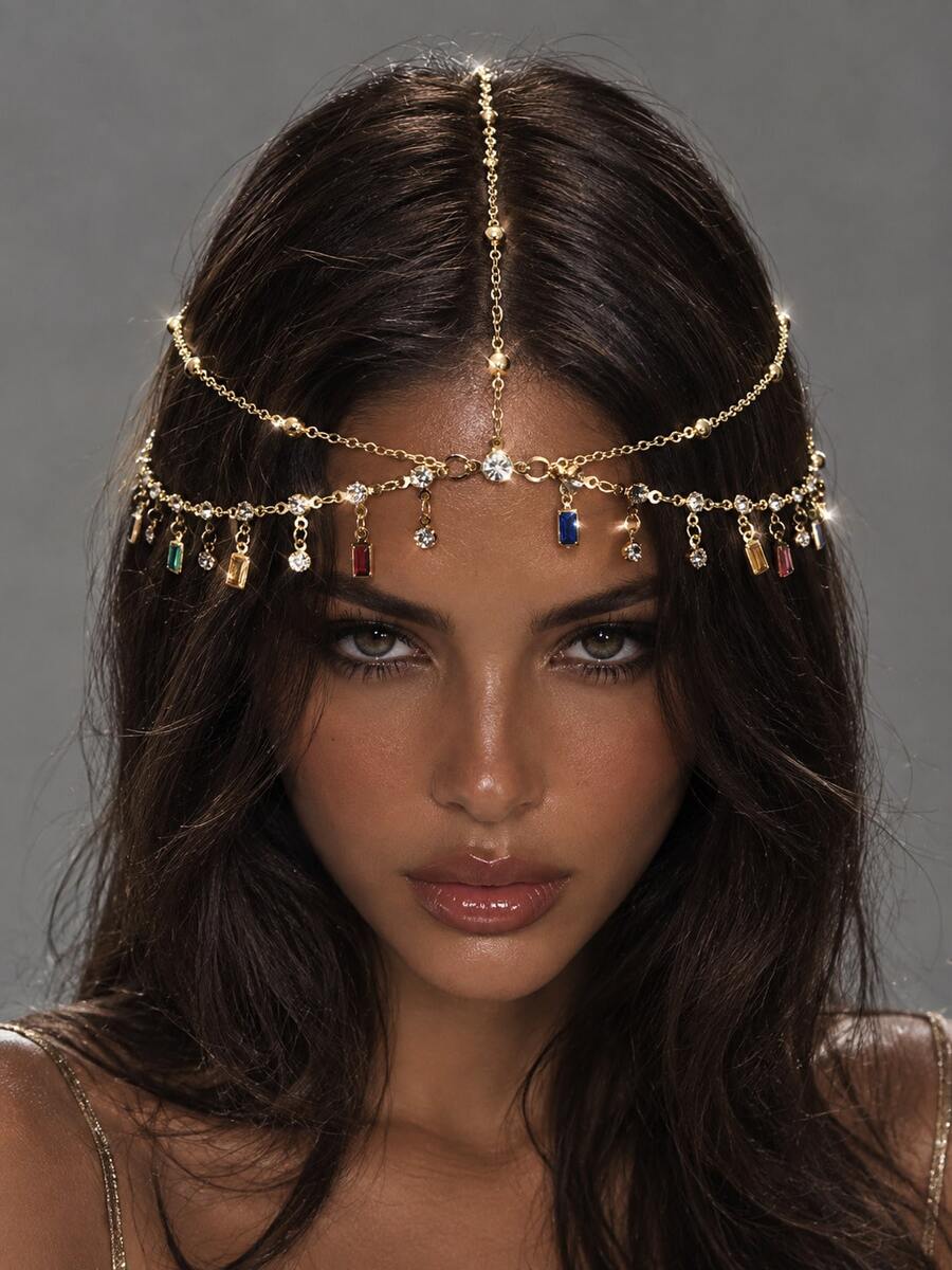 Fashionable Shiny Glamorous Elegant Metal Chain Headpiece Jewelry, Bridal Wedding Party Daily Head Chain Accessory, Tassel Pendant Hair Ornament Gift - Gold - View 1