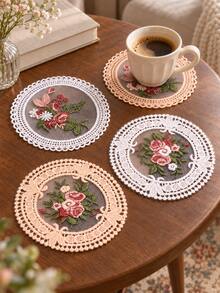 1pc Vintage Floral Lace Coaster Set Romantic Embroidery Cup Mats For Coffee Table Decor - Multicolor - View 2