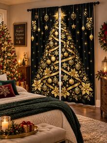 2pcs Black & Gold Christmas Tree Window Curtains, Snowflake & Ornament Print Drapes, Elegant Holiday Living Room Bedroom Decor, Xmas Window Decoration Set - E - View 6