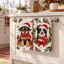 2pcs Christmas Kitchen Towels Watercolor Cute Puppy Snowman Gift Pattern, Suitable For Kitchen Bathroom Restroom Holiday Kitchen Decor, Winter Home Decoration, Christmas Gift Set - Multicolor - View 2