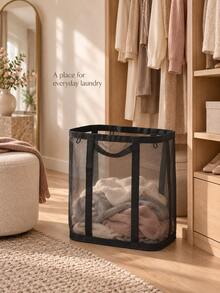 1pc Large Capacity Foldable Breathable Mesh Laundry Basket, Minimalist Home Style Black/Grey Optional Rectangular Double Handle Design Visible Clothing Storage Bin, Suitable For Bedroom, Bathroom, Laundry Room And Dormitory All Season Storage - Multicolor - View 6