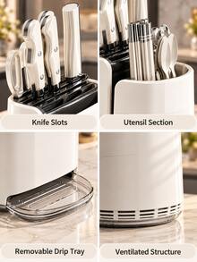 Modern ABS Plastic Kitchen Knife Holder With Multi-Slot Design, Removable Drip Tray And Built-In Sharpener, Large Capacity Countertop Utensil Organizer For Knives, Scissors, Chopsticks, Spoons, Forks, Home Kitchen, Autumn/Winter Style - Multicolor - View 8