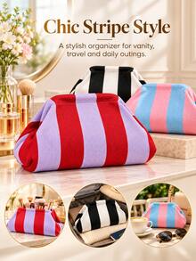 Vertical Stripe Cloud-Shaped Large Capacity Makeup Storage Bag, Casual Style Handbag, Color Block Striped Travel Toiletry Bag, Multi-Functional Portable Storage Pouch, Suitable For Organizing Daily Travel Essentials - Multicolor - View 1