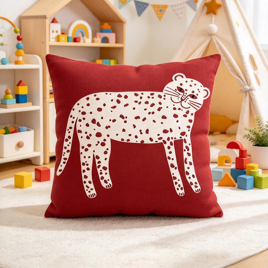 1pc Red Cute Leopard Print Throw Pillow Cover, Linen Texture Decorative Cushion Case, Cartoon Spotted Animal Pattern Pillowcase For Kids Room Sofa Home Decor, No Pillow Insert - Red - View 1