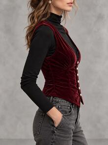 Women's Elegant Velvet Vest Top, Lace Trim V-Neck Front Button Vest, Slim Fit Vintage Style Top, Fashionable Layering Daily Wear Item - Burgundy - View 2