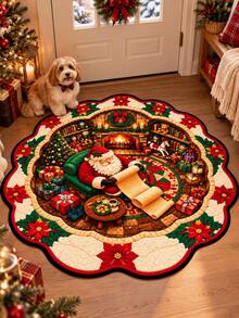 Vintage Christmas Santa Claus Wavy Edge Area Rug, Cozy Fireplace Red And Christmas Tree Print Soft Low Pile Carpet, Holiday Rug Suitable For Bedroom, Entryway, Living Room And Winter Home Decor - A - View 1