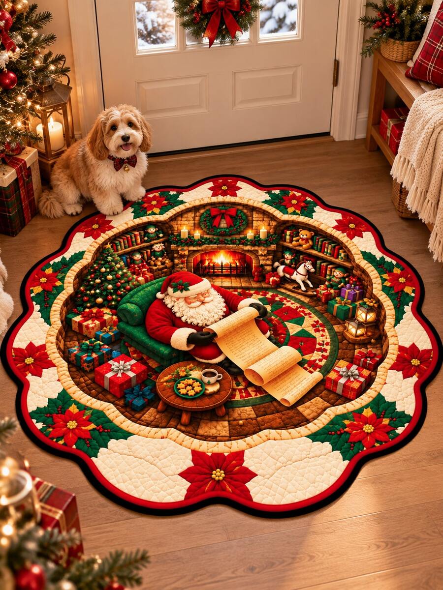 Vintage Christmas Santa Claus Wavy Edge Area Rug, Cozy Fireplace Red And Christmas Tree Print Soft Low Pile Carpet, Holiday Rug Suitable For Bedroom, Entryway, Living Room And Winter Home Decor - A - View 1