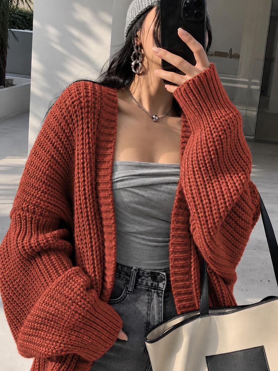Plus Size Women V-Neck Pockets Long Sleeve Ribbed Knit Cardigan Sweater Casual Fall - Rust Brown - View 1