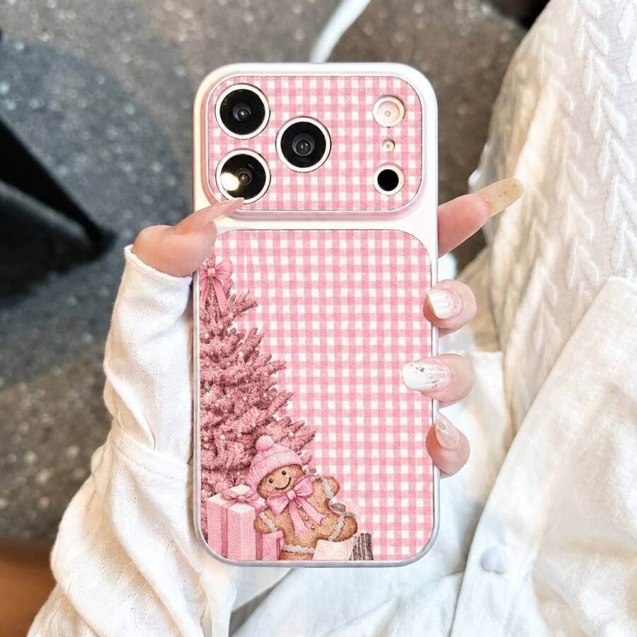 酷格紋粉色圖案 TPU 材質手機殼，薑餅人、聖誕樹與蝴蝶結，適用於 Phone 17 Pro Max/17/16 Pro Max/15/14/13/12/11，全包覆防震軟殼保護殼 - 粉色 - 查看 1