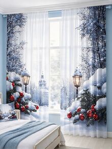 2PCS Christmas Pine Tree Red Ornament Lamp House Print AB Sheer Curtains, Window Drapes, Rod Pocket Polyester, Home Decor - Multicolor - View 1