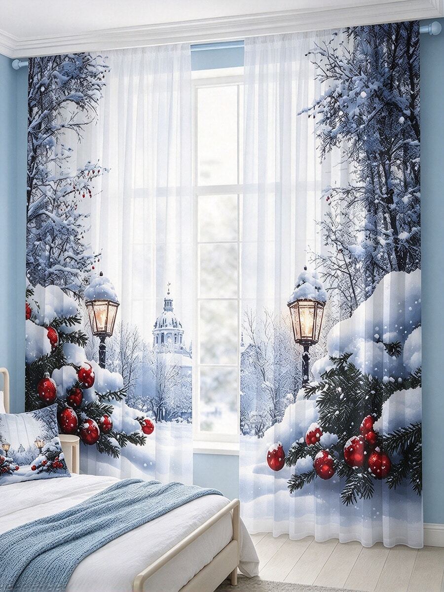 2PCS Christmas Pine Tree Red Ornament Lamp House Print AB Sheer Curtains, Window Drapes, Rod Pocket Polyester, Home Decor - Multicolor - View 1