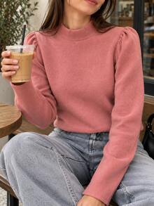 Blusa Suéter Mujer Manga Larga Cuello Alto Rosa con Hombro Abullonado Casual Otoño - Rosa - Ver 1