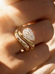 2 st lyxiga 18K guldbelagda stapelbara ringar med pärlformad huvudsten, tvinnad vågdesign och reptextur, elegant present för kvinnor till högtidsfest - Gult guld - Visa 6