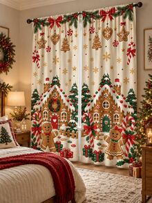 2pcs Christmas Gingerbread House Window Curtains, Candy Cane & Snowflake Print Drapes, Holiday Living Room Bedroom Decor, Xmas Window Decoration Set - C - View 8