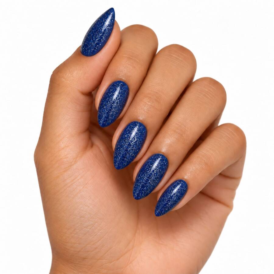 Finger Queen Unhas Postiças Amendoada Curta Galáxia Azul 24pcs com Adesivos em Gel