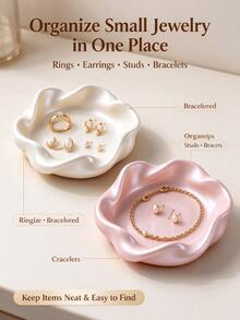 Petal‑Shaped Ceramic Jewelry Dish, Pearlescent Vanity Catchall Tray For Small Accessories, Decorative Storage Organizer For Dresser Bedroom Countertop - Multicolor - View 4