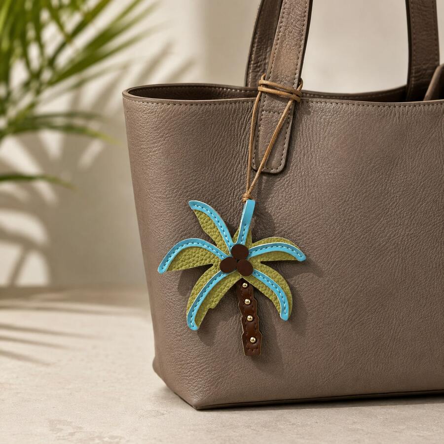 1PC/2PCS/3PCS Fresh Vacation Style Coconut Tree PU Leather Pendant, Fine Braided Hanging Rope Bag Charm, Tropical Palm Shape Decorative Accessory, Minimalist Atmosphere Handbag Accessory - Turquoise - View 1