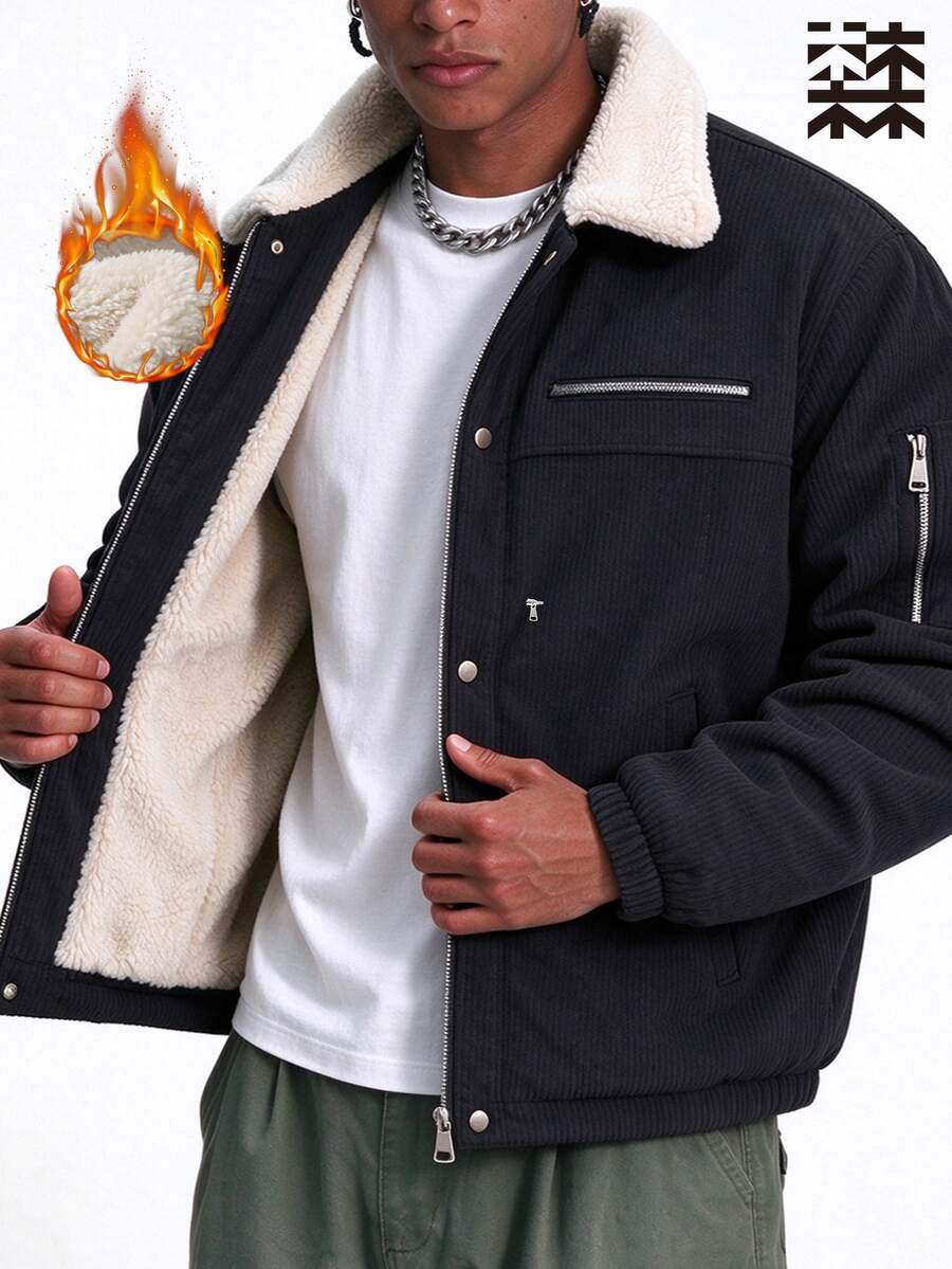Mulinsen Men's Corduroy Jacket, Fleece Collar Warm Winter Coat, Multi-Zipper Pockets Button Front Casual Jacket - Black - View 1
