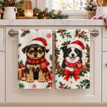 2pcs Christmas Kitchen Towels Watercolor Cute Puppy Snowman Gift Pattern, Suitable For Kitchen Bathroom Restroom Holiday Kitchen Decor, Winter Home Decoration, Christmas Gift Set - Multicolor - View 1