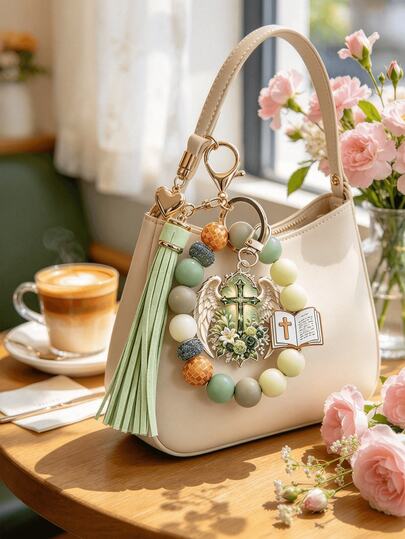 Cross And Bible Bead Bag Charm, Floral-Accented Tassel Keychain, Handmade Beaded Keyring, Vintage Religious-Style Handbag Accessory
