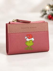 Christmas PU Leather Bifold Short Wallet, Colorblock Zipper Coin Purse, Multi-Card Slot Card Holder, Merry Grinchmas Character Print Small Wallet, Daily Portable Holiday Accessory, Fan Christmas Gift - Multicolor - View 2