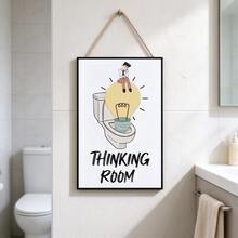 1pc Thinking Room Wooden Hanging Sign, Funny Cartoon Toilet Light Bulb Pattern Wall Plaque, Humorous Bathroom Restroom Door Wall Decor - A - View 3
