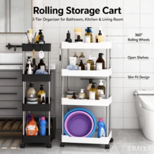 1pc 3-Tier Rolling Storage Cart, 360° Swivel Wheels Floor Standing Shelf, Tiered Multi-Layer Design, Slim Fit For Gaps. Suitable For Bathroom, Toilet, Kitchen, Living Room, Small Mobile Storage Rack, Organizes Various Household Items, Combines Storage And Home Decor. - Multicolor - View 8