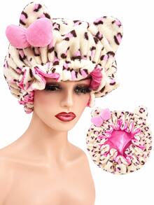 Leopard Print Hair Drying Towel With Pink Satin Bow, Ruffled Fashion Bath Hair Cap, Cute Bedtime Hair Cover, Suitable For Daily Bathing, Women's Relaxing Evening Self-Care Accessory - Multi-color - View 14