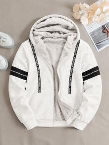 Women White Hooded Zip Up Fleece Lined Letter Tape Jacket - White - View 8