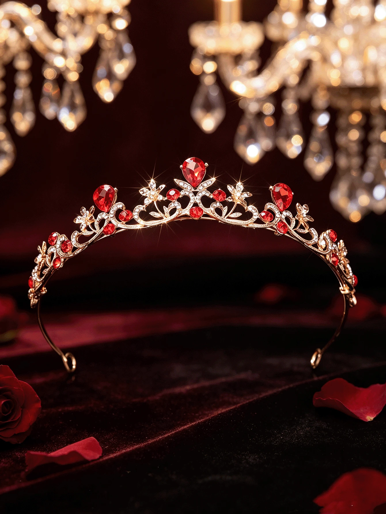 1件女款時尚公主風 3D皇冠甜美奢華水鑽生日髮飾髮箍 - 4224紅色 - 查看 1