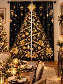 2pcs Black & Gold Christmas Tree Window Curtains, Snowflake & Ornament Print Drapes, Elegant Holiday Living Room Bedroom Decor, Xmas Window Decoration Set - E - View 8