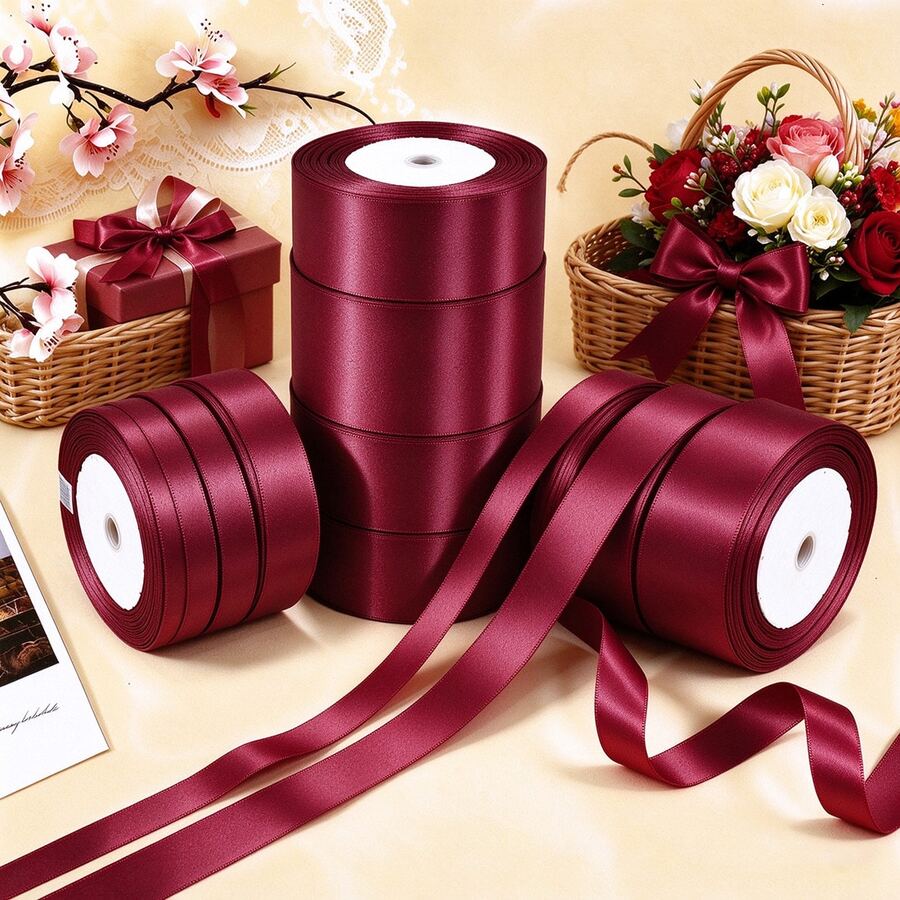 25 Yards/Roll Burgundy Polyester Gift Wrapping Ribbon, Suitable For DIY Hair Accessories, Clothing, Bags, Floral Arrangements, Gift Boxes, Weddings, Mother's Day, Birthdays And Various Holiday Party Decorations - Multicolor - View 1