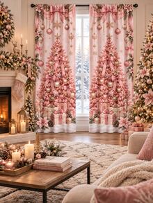 2pcs Pink Christmas Tree Window Curtains, Bow Ornament & Snowflake Print Drapes, Elegant Holiday Living Room Bedroom Decor, Xmas Window Decoration Set - B - View 6