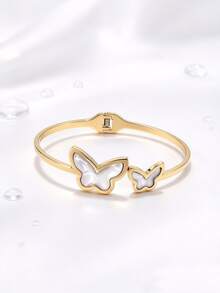 1pc Elegant Personalized Charming Fashionable Ins Style Stainless Steel Gold-Plated Shell Inlaid Butterfly Bracelet, Women's Party Gift Choice - Butterfly - View 6